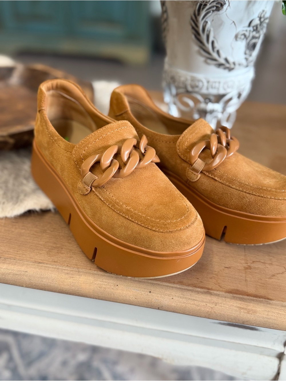 Naked Feet Cognac Suede Platform Chain-Trim Mules